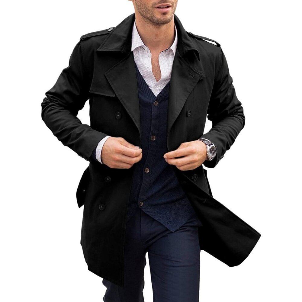 🆕Mens Black Trench Coat Notched Lapel Double Breasted  Windbreaker Overcoat